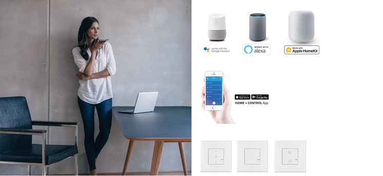 Dame qui utilise l'application Legrand Home + Control pour sa maison connectée.